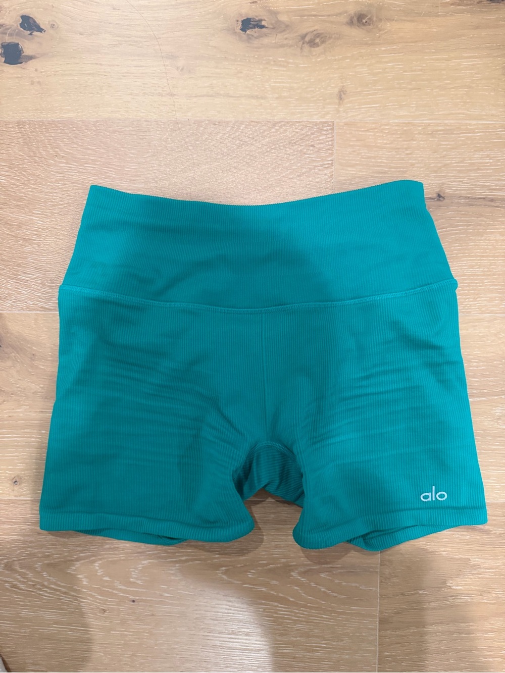 ALO Yoga Teal Ribbed High-Waist Bike Shorts
